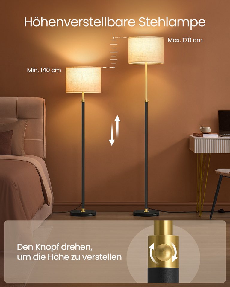 VASAGLE Stehlampe Stehleuchte Standleuchte, modern, 140,5-171 cm hoch, mit Fußtaster, Stehlampe, Lampenschirm – Bild 2 von 5