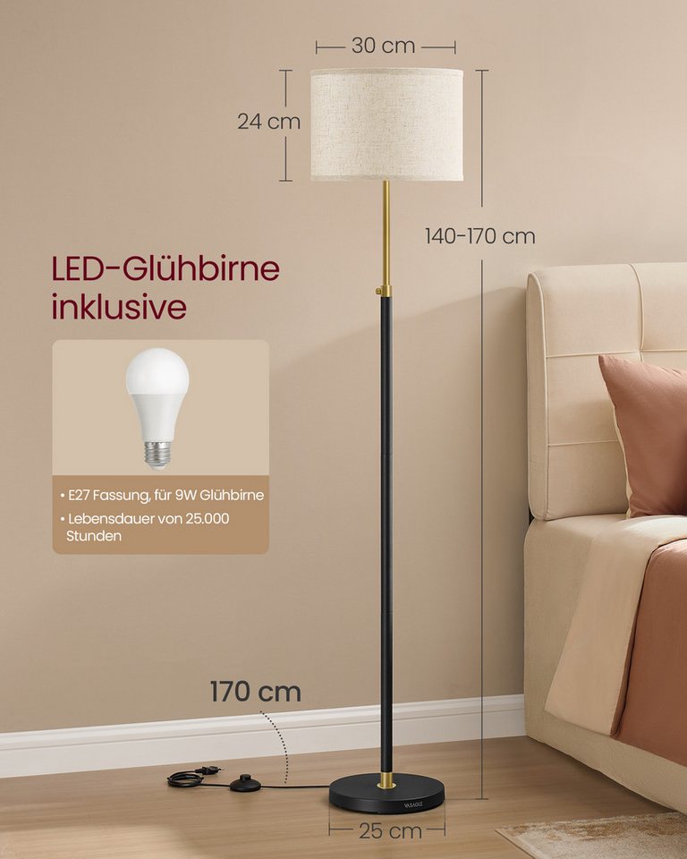 VASAGLE Stehlampe Stehleuchte Standleuchte, modern, 140,5-171 cm hoch, mit Fußtaster, Stehlampe, Lampenschirm – Bild 4 von 5