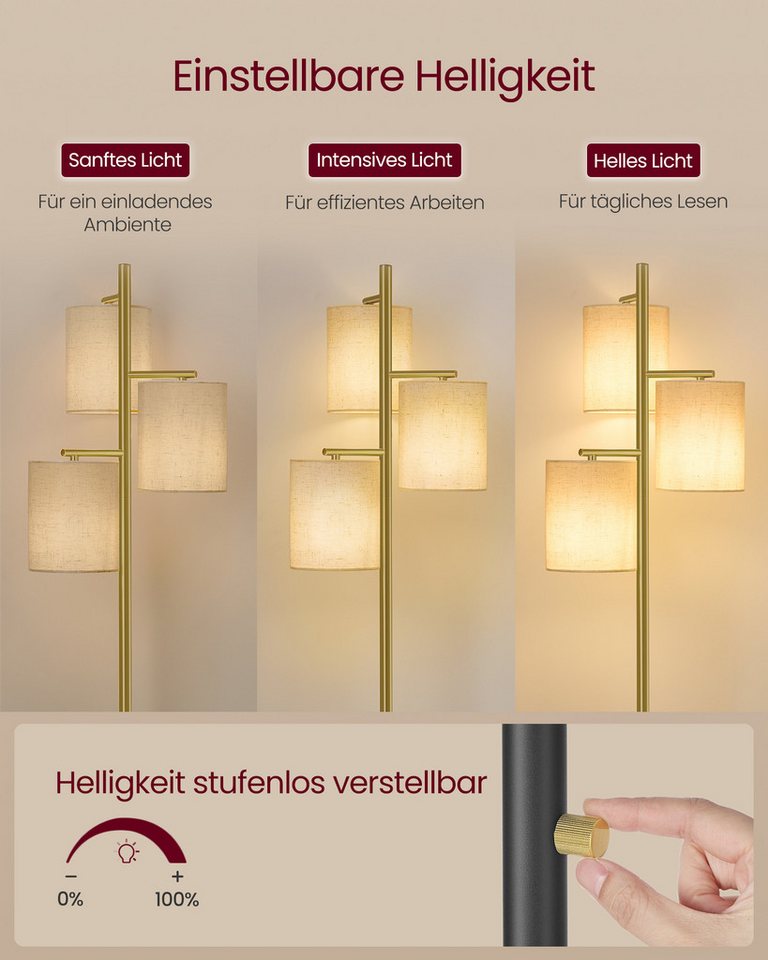 VASAGLE Stehlampe Stehleuchte, Standleuchte, modern, modern, mit 3 Glühbirnen, 3 E27 Fassungen, Stehlampe, Lampenschirm – Bild 3 von 5