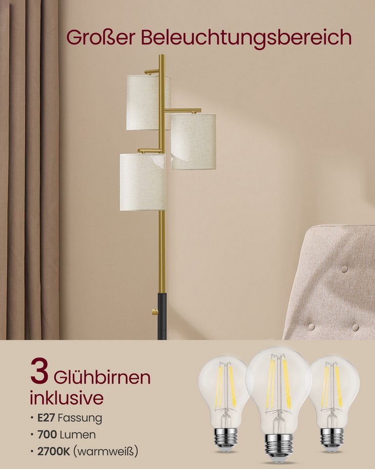 VASAGLE Stehlampe Stehleuchte, Standleuchte, modern, modern, mit 3 Glühbirnen, 3 E27 Fassungen, Stehlampe, Lampenschirm – Bild 4 von 5