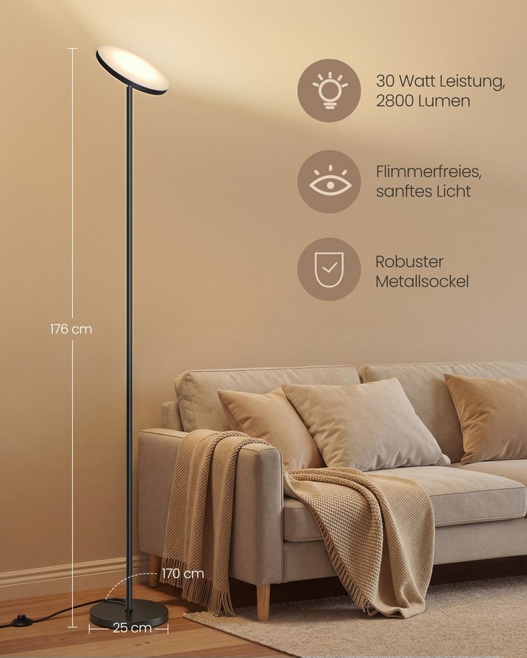 VASAGLE Stehlampe Stehlampe Wohnzimmer, LED-Stehleuchte, für Schlafzimmer, Büro, Timer, Standleuchte 30W, drehbarer Lampenkopf, Memory-Funktion, Fernbedienung – Bild 5 von 5