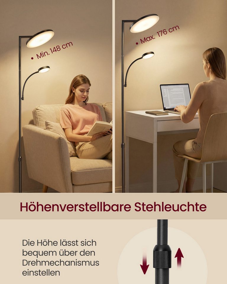 VASAGLE Stehlampe Stehlampe Wohnzimmer, LED-Stehleuchte, für Schlafzimmer, Büro, Timer, Standleuchte 42W, drehbarer Lampenkopf, Tasten- und Fernbedienung – Bild 3 von 5