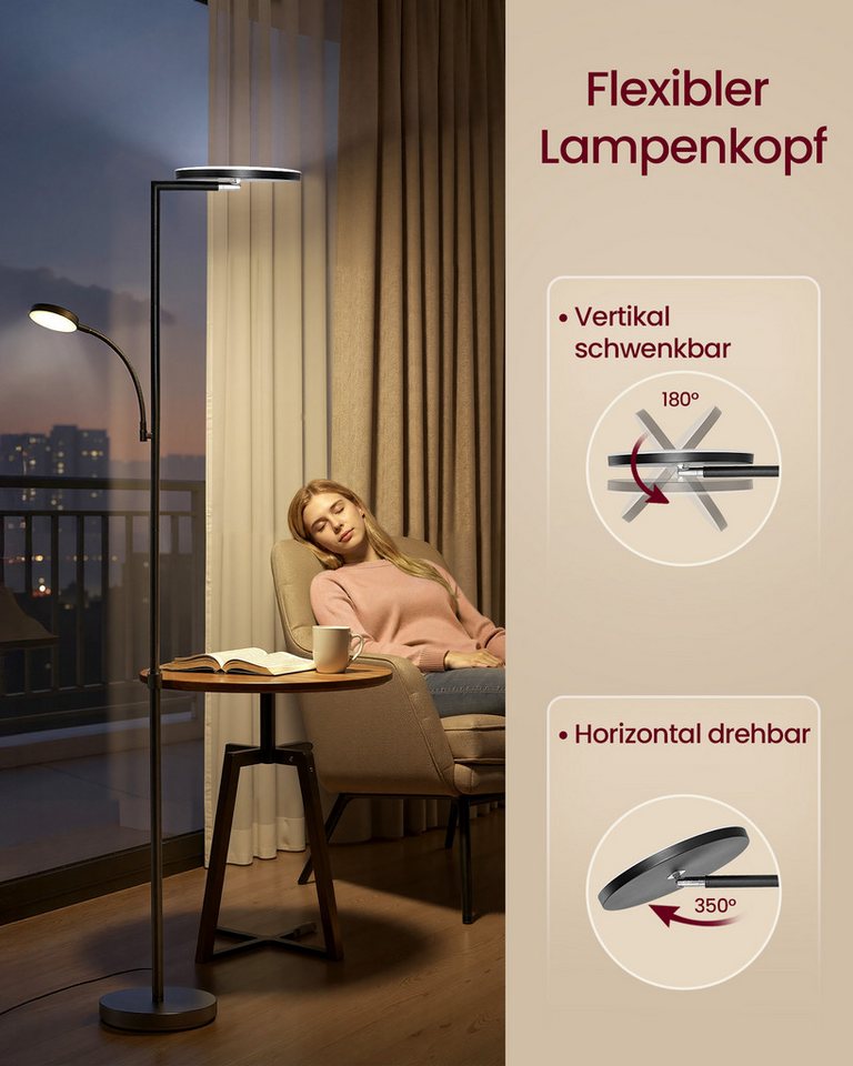 VASAGLE Stehlampe Stehlampe Wohnzimmer, LED-Stehleuchte, für Schlafzimmer, Büro, Timer, Standleuchte 42W, drehbarer Lampenkopf, Tasten- und Fernbedienung – Bild 4 von 5