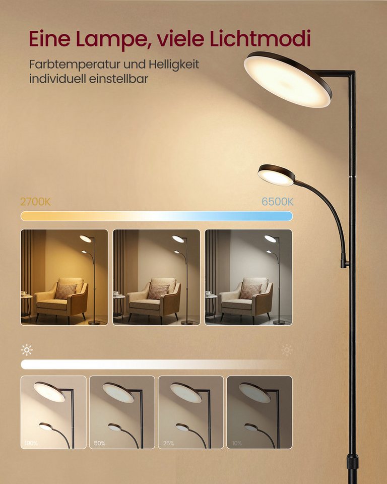VASAGLE Stehlampe Stehlampe Wohnzimmer, LED-Stehleuchte, für Schlafzimmer, Büro, Timer, Standleuchte 42W, drehbarer Lampenkopf, Tasten- und Fernbedienung – Bild 5 von 5