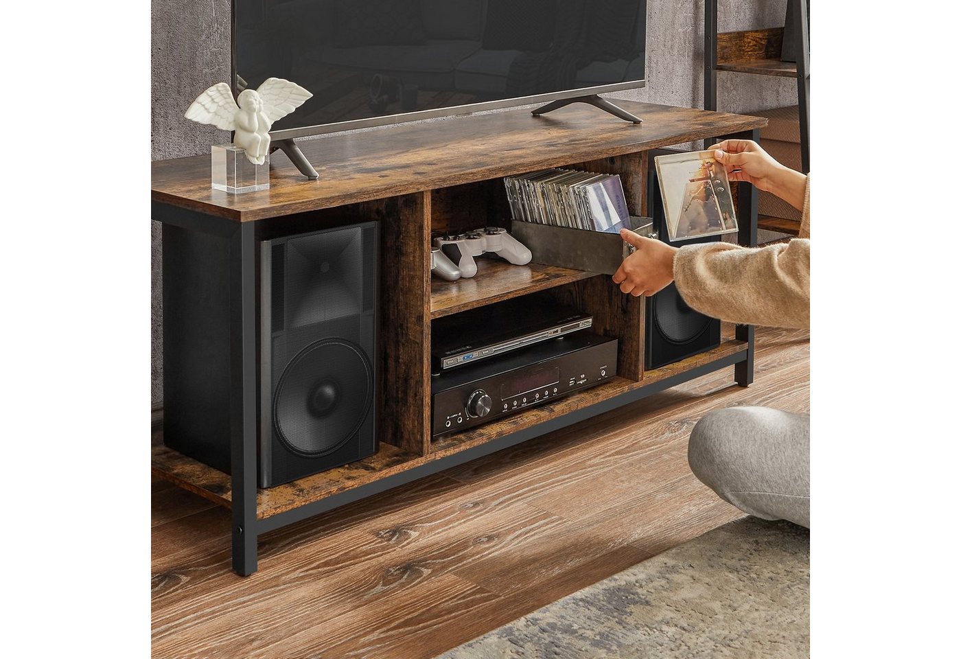 VASAGLE TV-Regal TV-Schrank, für Wohnzimmer, Unterhaltungsraum, 120 x 40 x 50 cm, Fernsehtisch, Lowboard, Fernseher bis zu 55 Zoll, vintagebraun-schwarz – Bild 4 von 5