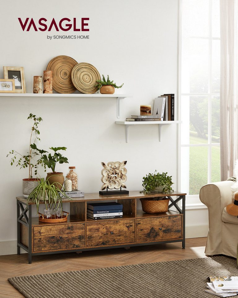 VASAGLE TV-Schrank Wohnzimmer, Fernsehtisch mit 3 Stoffschubladen, 3 offenen Fächern Lowboard für Fernseher bis zu 65 Zoll, 147 x 40 x 50 cm – Bild 2 von 5