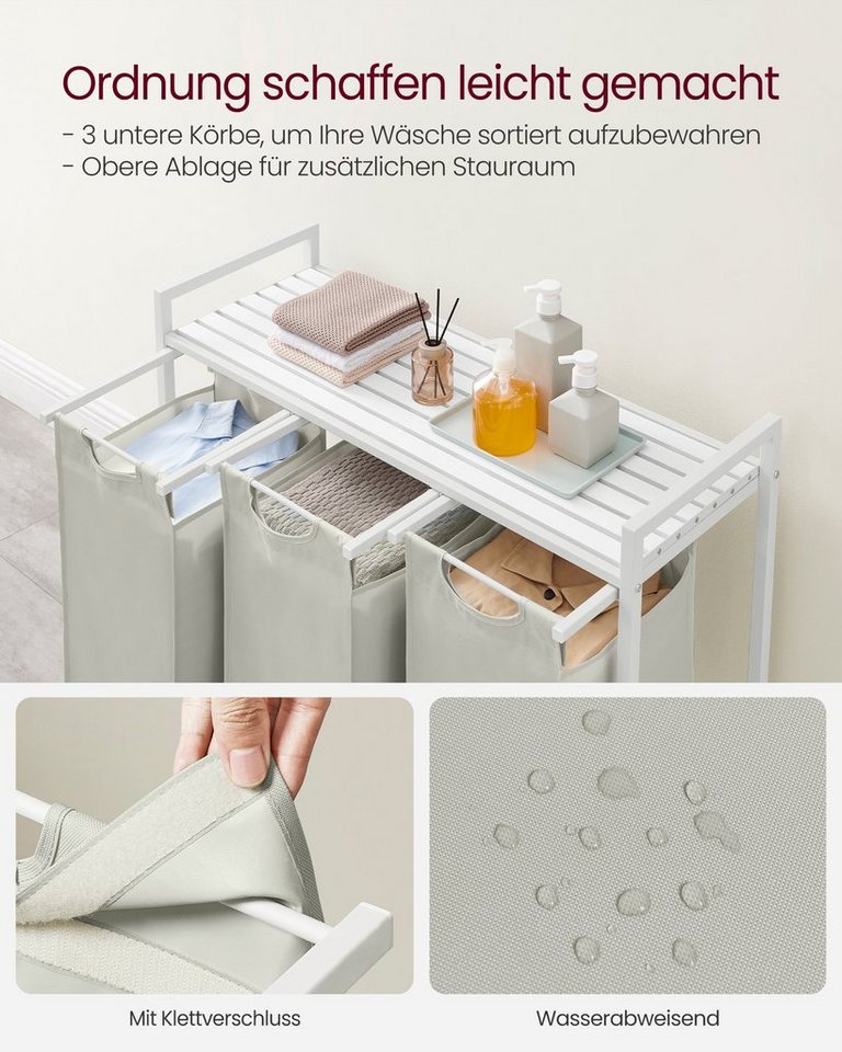 VASAGLE Wäschekorb 3 Fächer, mit Ablage, ausziehbar und abnehmbar, 3 Fächer, mit Ablage, ausziehbar und abnehmbar, 3 x 38 L – Bild 4 von 5