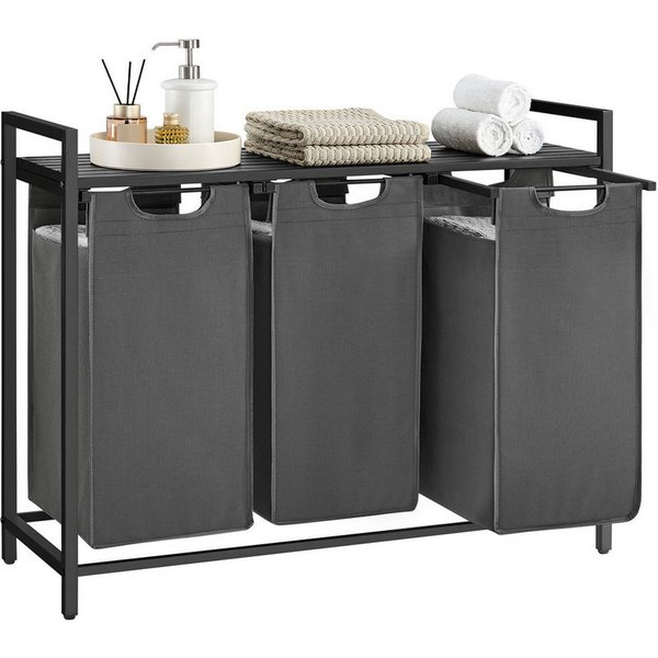 VASAGLE Wäschekorb 3 Fächer, mit Ablage, ausziehbar und abnehmbar, 3 Fächer, mit Ablage, ausziehbar und abnehmbar, 3 x 38 L