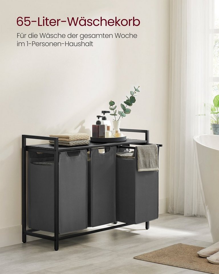 VASAGLE Wäschekorb 3 Fächer, mit Ablage, ausziehbar und abnehmbar, 3 Fächer, mit Ablage, ausziehbar und abnehmbar, 3 x 38 L – Bild 3 von 5