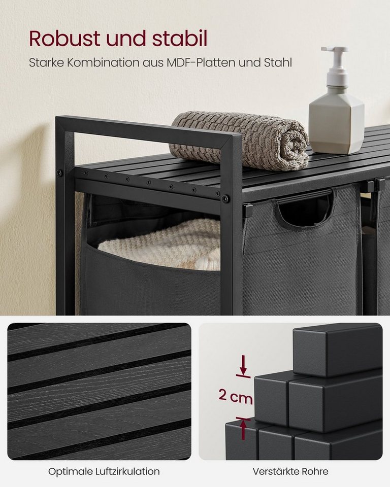 VASAGLE Wäschekorb 3 Fächer, mit Ablage, ausziehbar und abnehmbar, 3 Fächer, mit Ablage, ausziehbar und abnehmbar, 3 x 38 L – Bild 5 von 5