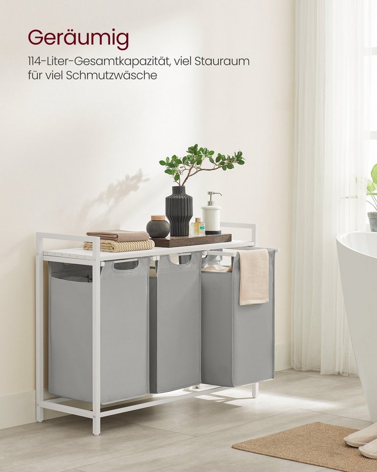 VASAGLE Wäschekorb 3 Fächer, mit Ablage, ausziehbar und abnehmbar, 3 Fächer, mit Ablage, ausziehbar und abnehmbar, 3 x 38 L – Bild 3 von 5