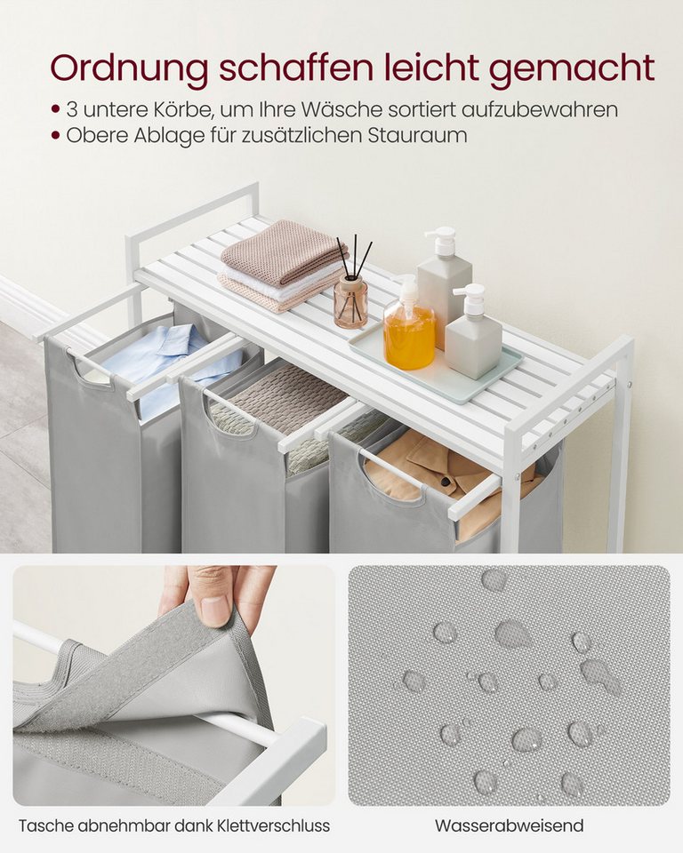 VASAGLE Wäschekorb 3 Fächer, mit Ablage, ausziehbar und abnehmbar, 3 Fächer, mit Ablage, ausziehbar und abnehmbar, 3 x 38 L – Bild 4 von 5