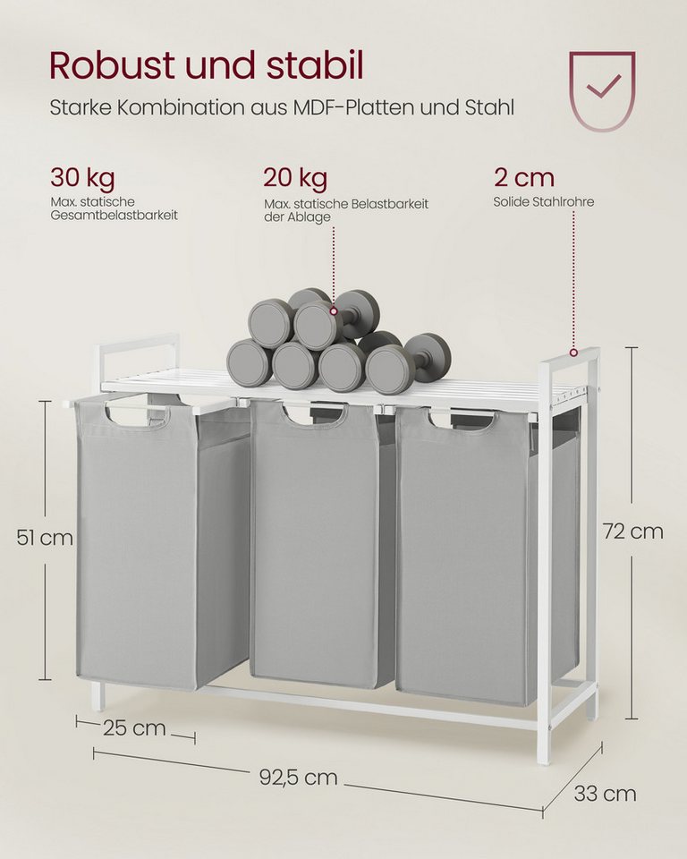VASAGLE Wäschekorb 3 Fächer, mit Ablage, ausziehbar und abnehmbar, 3 Fächer, mit Ablage, ausziehbar und abnehmbar, 3 x 38 L – Bild 5 von 5