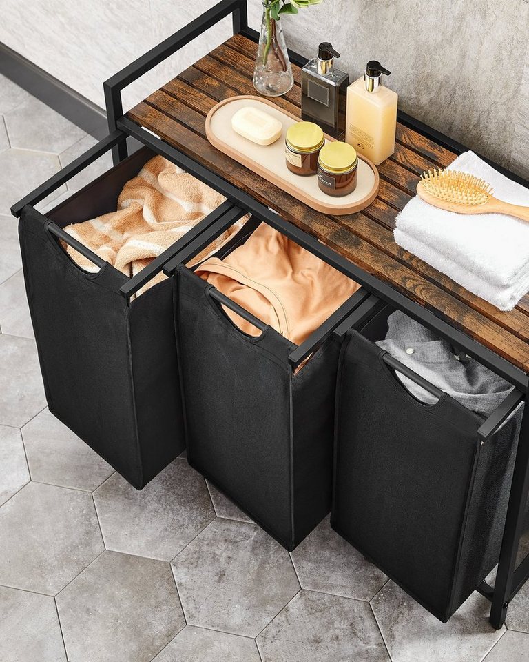 VASAGLE Wäschekorb 3 Fächer, mit Ablage, ausziehbar und abnehmbar, 3 Fächer, mit Ablage, ausziehbar und abnehmbar, 3 x 38 L – Bild 3 von 5