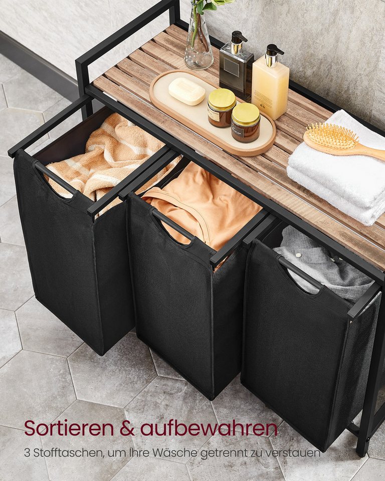 VASAGLE Wäschekorb 3 Fächer, mit Ablage, ausziehbar und abnehmbar, 3 Fächer, mit Ablage, ausziehbar und abnehmbar, 3 x 38 L – Bild 3 von 5