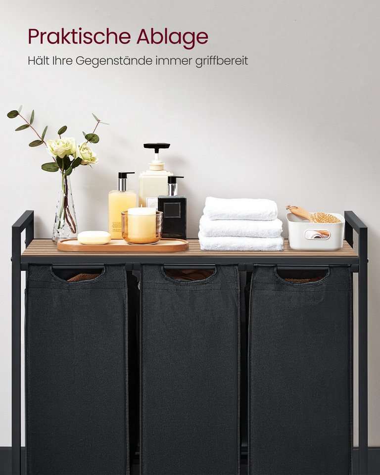 VASAGLE Wäschekorb 3 Fächer, mit Ablage, ausziehbar und abnehmbar, 3 Fächer, mit Ablage, ausziehbar und abnehmbar, 3 x 38 L – Bild 4 von 5