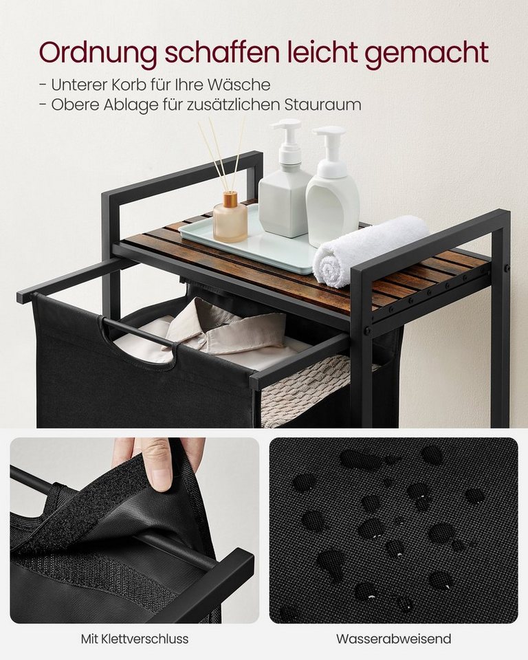 VASAGLE Wäschekorb Wäschesammler mit Ablage, Wäschesack abnehmbar, 65 L, 50 x 33 x 72 cm, Wäschebox, Metallrahmen, vintagebraun-schwarz – Bild 4 von 5