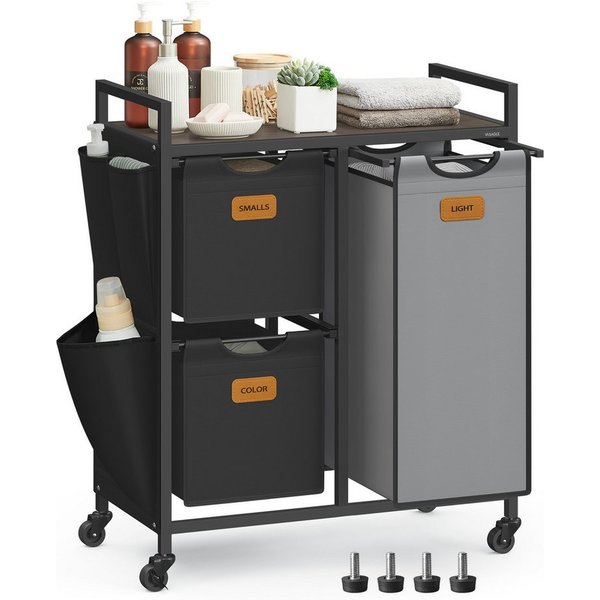 VASAGLE Wäschekorb Wäschesortierer, Rollen, Wäschewagen mit Ablage, Wäschesack, kleine seitliche Taschen, 3 Fächer, Wäschesammler 100 L, 6 Etiketten