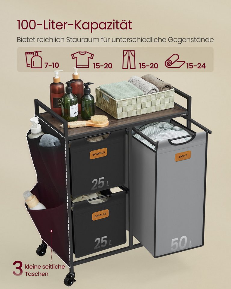 VASAGLE Wäschekorb Wäschesortierer, Rollen, Wäschewagen mit Ablage, Wäschesack, kleine seitliche Taschen, 3 Fächer, Wäschesammler 100 L, 6 Etiketten – Bild 3 von 5