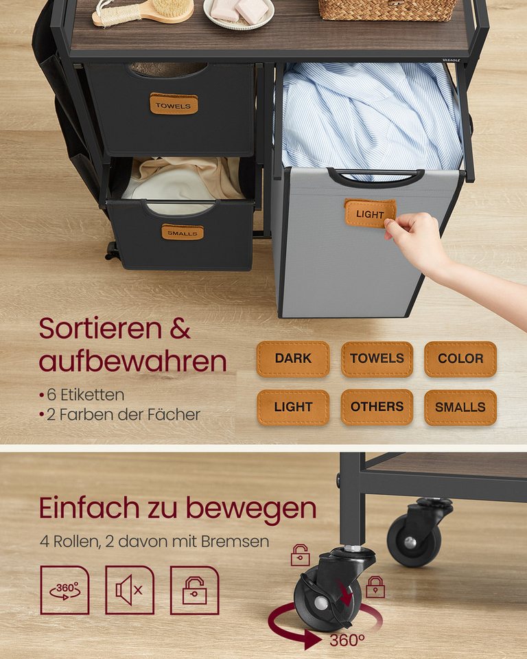 VASAGLE Wäschekorb Wäschesortierer, Rollen, Wäschewagen mit Ablage, Wäschesack, kleine seitliche Taschen, 3 Fächer, Wäschesammler 100 L, 6 Etiketten – Bild 4 von 5