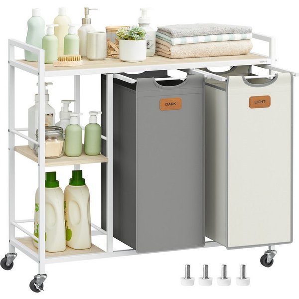 VASAGLE Wäschekorb Wäschesortierer, Rollen, Wäschewagen mit Ablagen, Wäschesack, Wäschekorb 2 Fächer, Wäschesammler 100 L, mit abnehmbaren Taschen