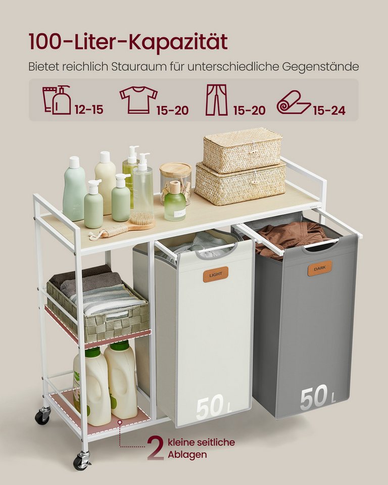 VASAGLE Wäschekorb Wäschesortierer, Rollen, Wäschewagen mit Ablagen, Wäschesack, Wäschekorb 2 Fächer, Wäschesammler 100 L, mit abnehmbaren Taschen – Bild 3 von 5