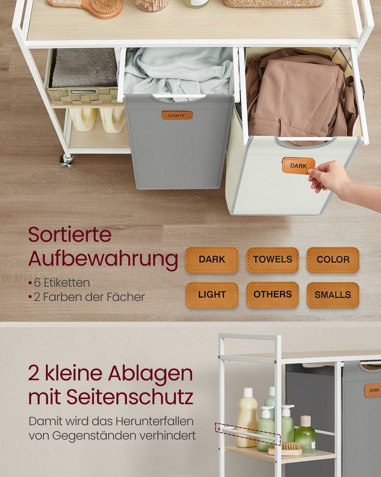 VASAGLE Wäschekorb Wäschesortierer, Rollen, Wäschewagen mit Ablagen, Wäschesack, Wäschekorb 2 Fächer, Wäschesammler 100 L, mit abnehmbaren Taschen – Bild 4 von 5