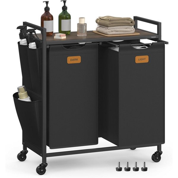 VASAGLE Wäschekorb Wäschesortierer, Rollen, Wäschewagen mit Ablage, Wäschesack, kleine seitliche Taschen, 2 Fächer, Wäschesammler 100 L, 6 Etiketten