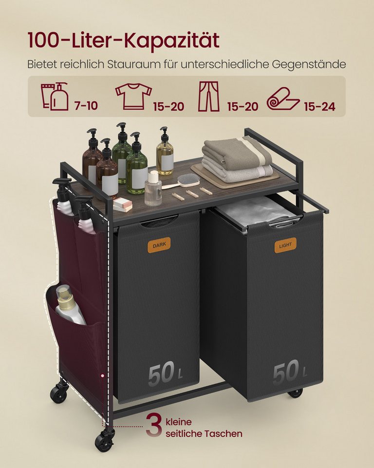VASAGLE Wäschekorb Wäschesortierer, Rollen, Wäschewagen mit Ablage, Wäschesack, kleine seitliche Taschen, 2 Fächer, Wäschesammler 100 L, 6 Etiketten – Bild 3 von 5