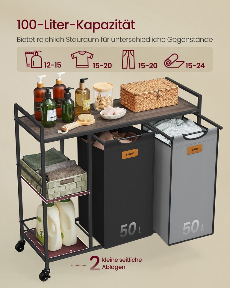 VASAGLE Wäschekorb Wäschesortierer, Rollen, Wäschewagen mit Ablagen, Wäschesack, Wäschekorb 2 Fächer, Wäschesammler 100 L, mit abnehmbaren Taschen – Bild 3 von 5