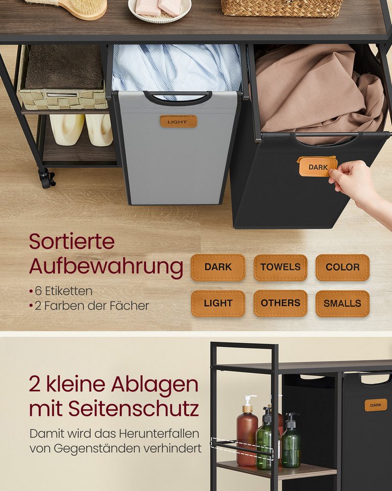 VASAGLE Wäschekorb Wäschesortierer, Rollen, Wäschewagen mit Ablagen, Wäschesack, Wäschekorb 2 Fächer, Wäschesammler 100 L, mit abnehmbaren Taschen – Bild 4 von 5