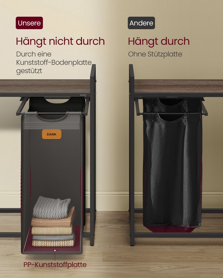 VASAGLE Wäschekorb Wäschesortierer, Rollen, Wäschewagen mit Ablagen, Wäschesack, Wäschekorb 2 Fächer, Wäschesammler 100 L, mit abnehmbaren Taschen – Bild 5 von 5