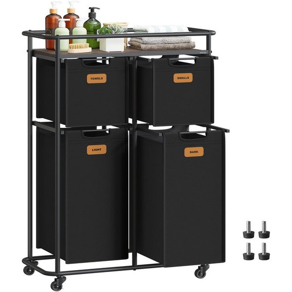 VASAGLE Wäschekorb Wäschetrenner mit Rädern, beweglicher Wäschewagen mit Ablage, 150 L, Wäschekörbe, 4 abnehmbare Taschen, 6 Etiketten