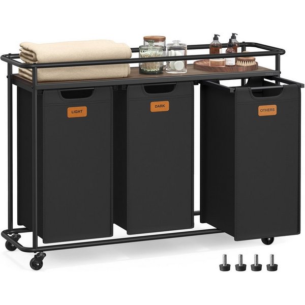 VASAGLE Wäschekorb Wäschetrenner mit Rädern, beweglicher Wäschewagen mit Ablage, Wäschekorb 3 Fächer, 150 L, abnehmbare Taschen, 6 Etiketten