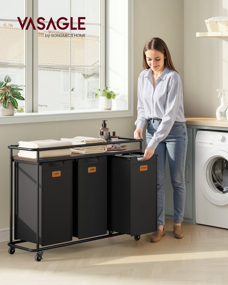 VASAGLE Wäschekorb Wäschetrenner mit Rädern, beweglicher Wäschewagen mit Ablage, Wäschekorb 3 Fächer, 150 L, abnehmbare Taschen, 6 Etiketten – Bild 2 von 5