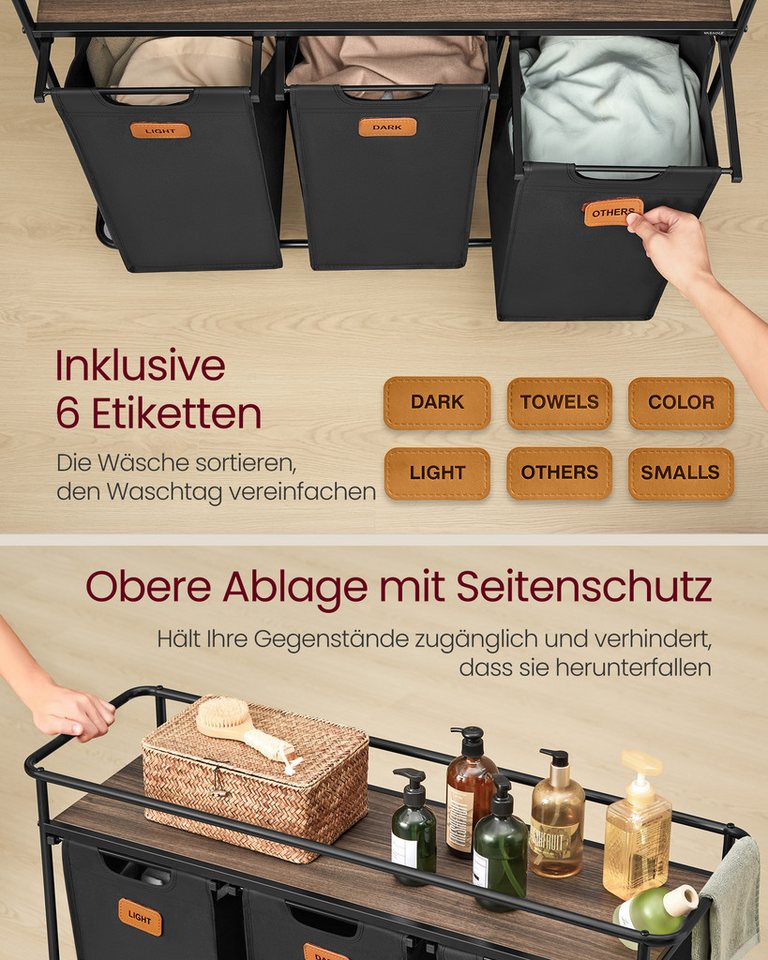 VASAGLE Wäschekorb Wäschetrenner mit Rädern, beweglicher Wäschewagen mit Ablage, Wäschekorb 3 Fächer, 150 L, abnehmbare Taschen, 6 Etiketten – Bild 5 von 5