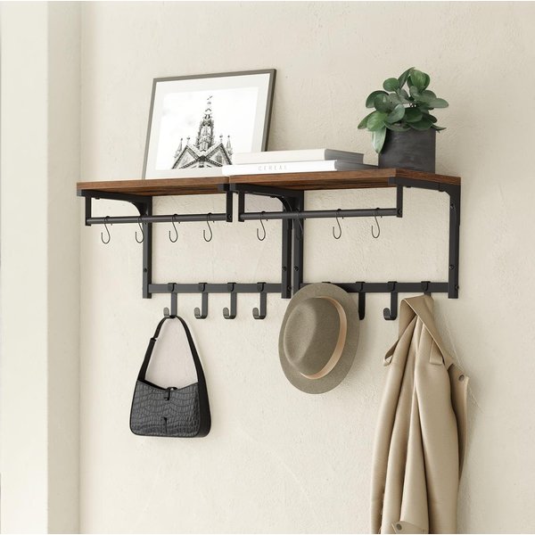 VASAGLE Wandgarderobe Garderobe mit Ablage, Wandregal, für Flur, Waschküche, 40 x 24 x 24 cm (2 St), 2er Set, je 8 abnehmbare Haken, Industrie-Design, vintagebr