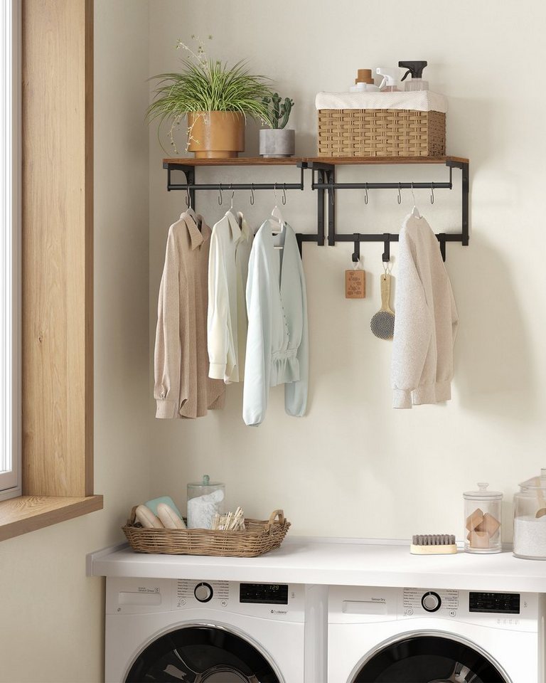 VASAGLE Wandgarderobe Garderobe mit Ablage, Wandregal, für Flur, Waschküche, 40 x 24 x 24 cm (2 St), 2er Set, je 8 abnehmbare Haken, Industrie-Design, vintagebr – Bild 3 von 5