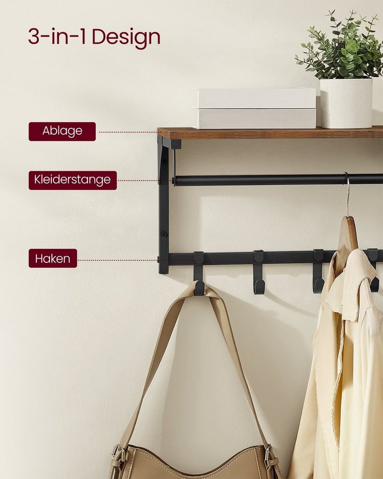 VASAGLE Wandgarderobe Garderobe mit Ablage, Wandregal, für Flur, Waschküche, 40 x 24 x 24 cm (2 St), 2er Set, je 8 abnehmbare Haken, Industrie-Design, vintagebr – Bild 5 von 5