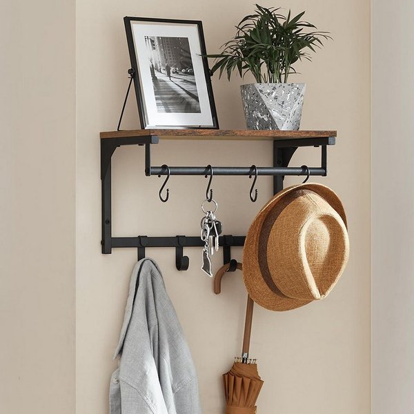 VASAGLE Wandgarderobe Garderobe mit Ablage, Wandregal, für Flur, Waschküche, 40 x 24 x 24 cm (1 St), 1er Set, 8 abnehmbare Haken, Industrie-Design, vintagebraun