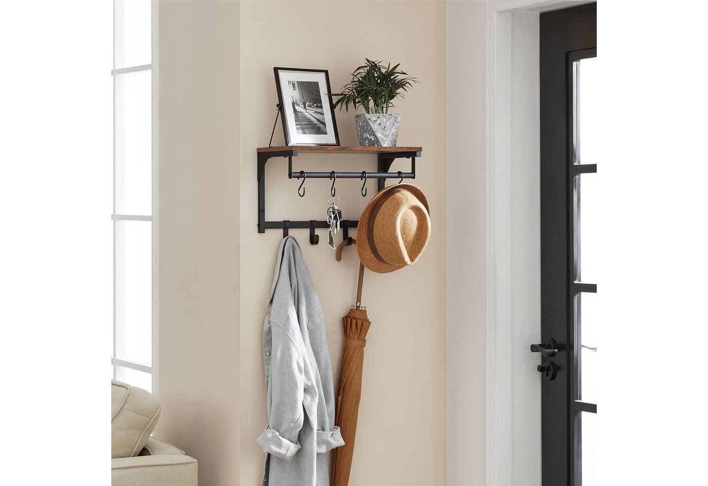 VASAGLE Wandgarderobe Garderobe mit Ablage, Wandregal, für Flur, Waschküche, 40 x 24 x 24 cm (1 St), 1er Set, 8 abnehmbare Haken, Industrie-Design, vintagebraun – Bild 2 von 5