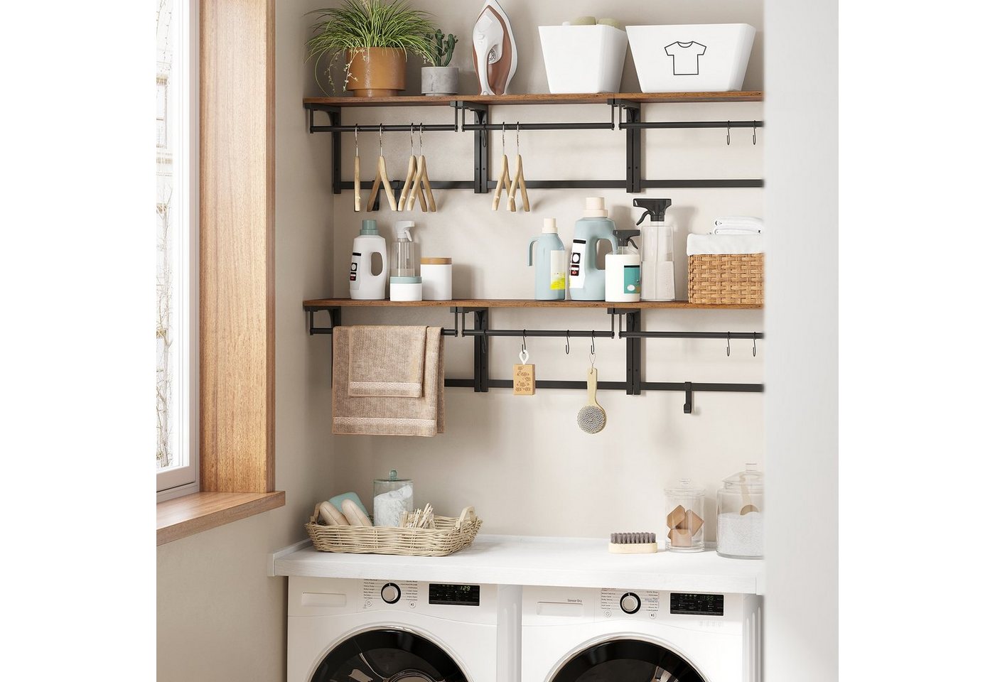VASAGLE Wandgarderobe Garderobe mit Ablage, Wandregal, für Flur, Waschküche, 40 x 24 x 24 cm (1 St), 1er Set, 8 abnehmbare Haken, Industrie-Design, vintagebraun – Bild 3 von 5