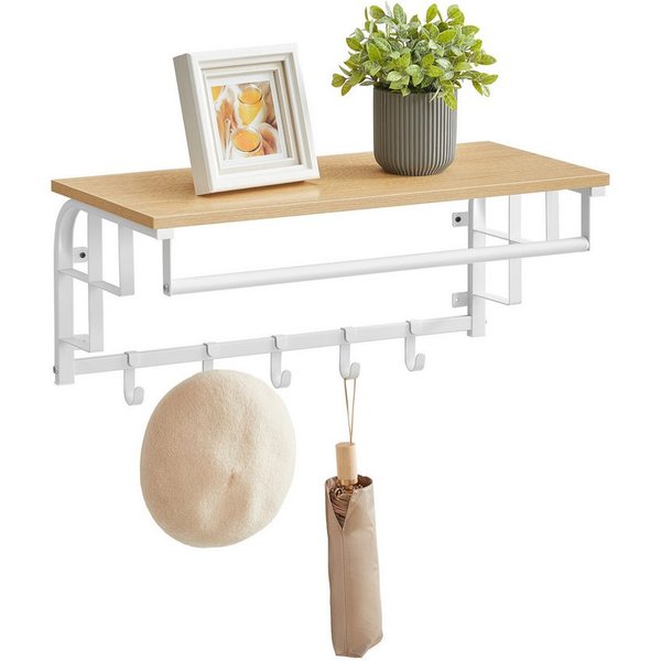 VASAGLE Wandgarderobe mit Ablage, Wandregal, mit 5 abnehmbaren Hakenfür Flur, Schlafzimmer, wandmontiertes Hängeregal mit Hängestange, 30 x 66 x 27 cm