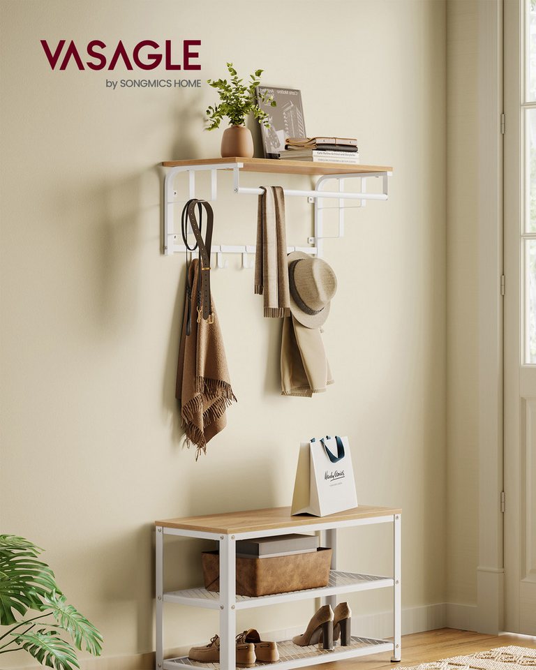 VASAGLE Wandgarderobe mit Ablage, Wandregal, mit 5 abnehmbaren Hakenfür Flur, Schlafzimmer, wandmontiertes Hängeregal mit Hängestange, 30 x 66 x 27 cm – Bild 2 von 5