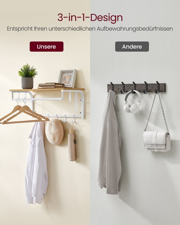 VASAGLE Wandgarderobe mit Ablage, Wandregal, mit 5 abnehmbaren Hakenfür Flur, Schlafzimmer, wandmontiertes Hängeregal mit Hängestange, 30 x 66 x 27 cm – Bild 3 von 5