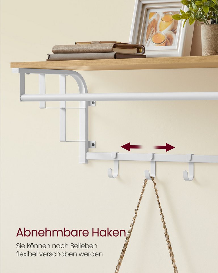 VASAGLE Wandgarderobe mit Ablage, Wandregal, mit 5 abnehmbaren Hakenfür Flur, Schlafzimmer, wandmontiertes Hängeregal mit Hängestange, 30 x 66 x 27 cm – Bild 4 von 5