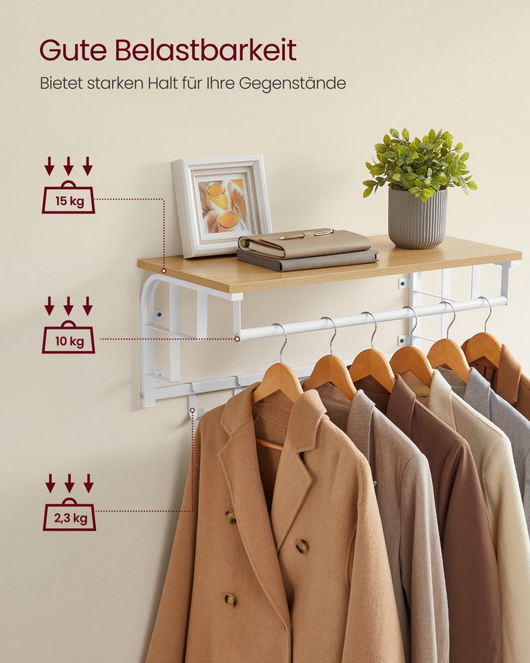 VASAGLE Wandgarderobe mit Ablage, Wandregal, mit 5 abnehmbaren Hakenfür Flur, Schlafzimmer, wandmontiertes Hängeregal mit Hängestange, 30 x 66 x 27 cm – Bild 5 von 5
