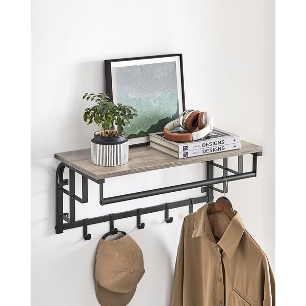 VASAGLE Wandgarderobe mit Ablage, Wandregal, mit 5 abnehmbaren Hakenfür Flur, Schlafzimmer, wandmontiertes Hängeregal mit Hängestange, 30 x 66 x 27 cm