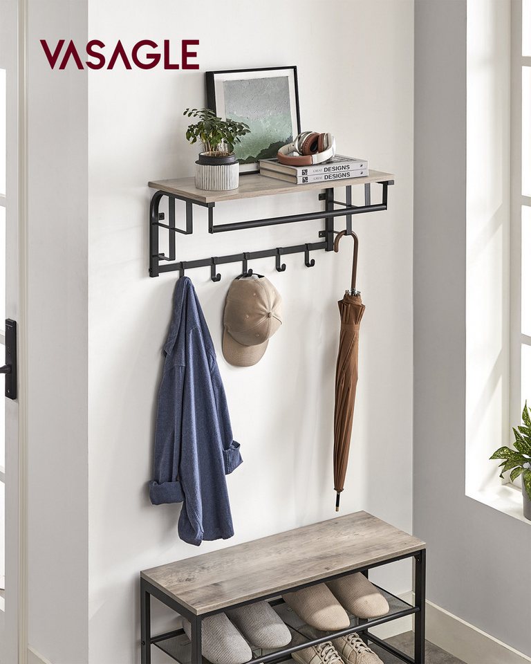 VASAGLE Wandgarderobe mit Ablage, Wandregal, mit 5 abnehmbaren Hakenfür Flur, Schlafzimmer, wandmontiertes Hängeregal mit Hängestange, 30 x 66 x 27 cm – Bild 2 von 5