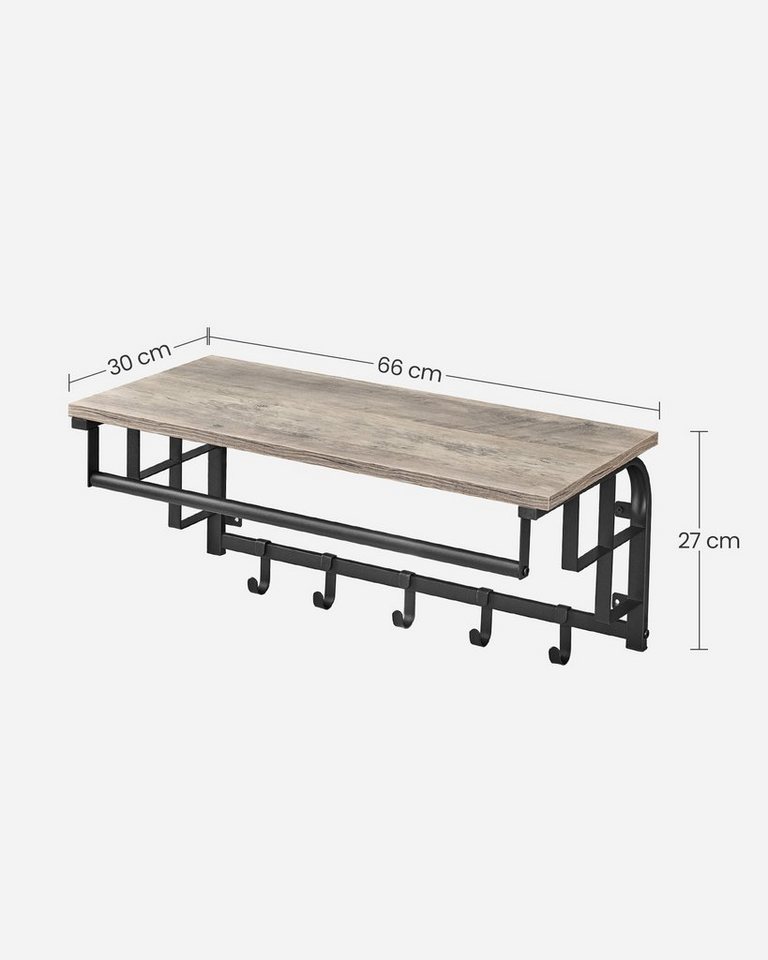 VASAGLE Wandgarderobe mit Ablage, Wandregal, mit 5 abnehmbaren Hakenfür Flur, Schlafzimmer, wandmontiertes Hängeregal mit Hängestange, 30 x 66 x 27 cm – Bild 3 von 5